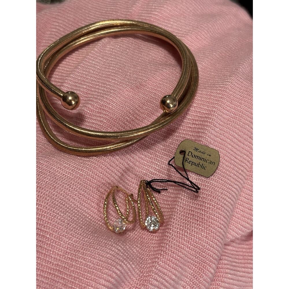 Rose Gold Tone Coiled Cuff Bracelet Matching Earring Set Faux Diamond Glam NYE
